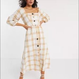 ASOS Yellow Plaid Button Up Casual Skater Dress Size 8